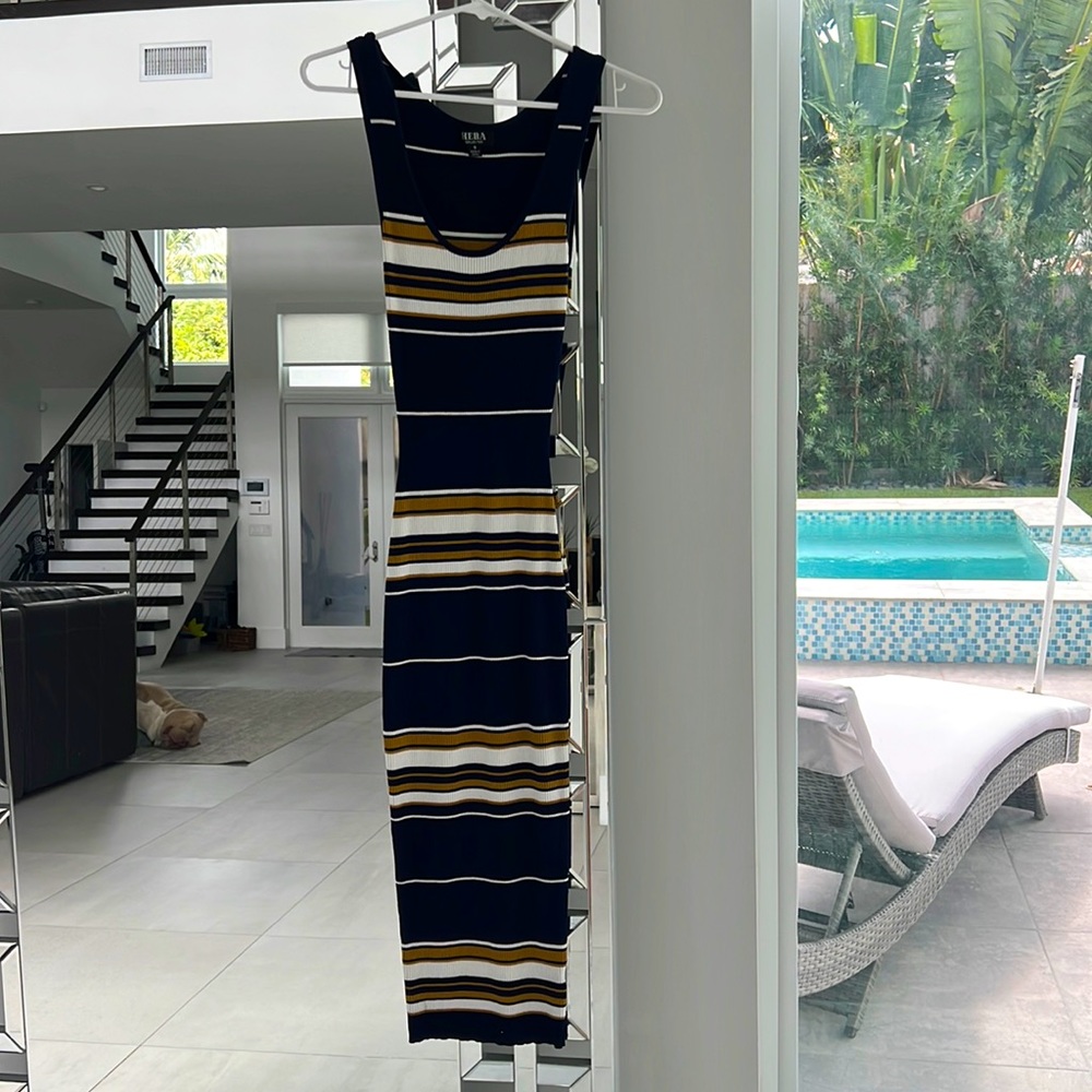 Mustard, blue and white striped midi dress